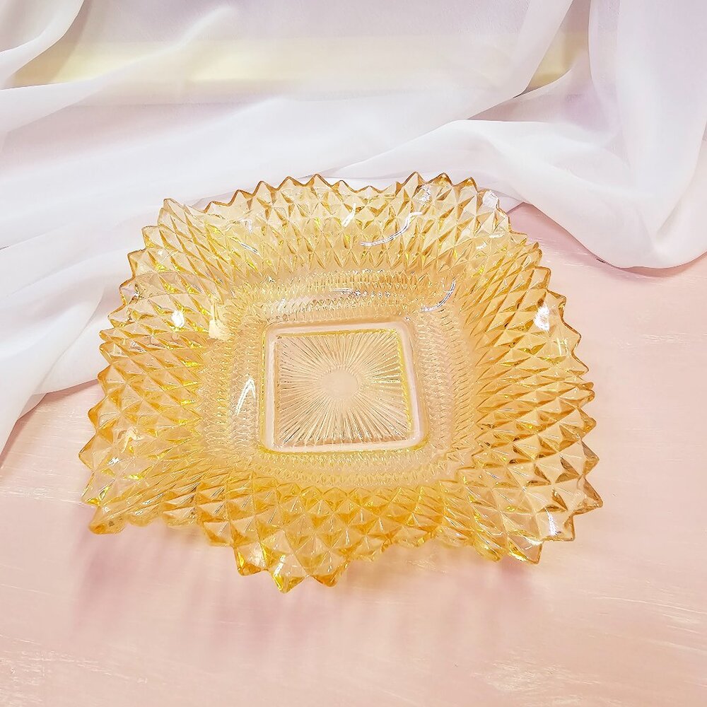 Peach Diamond Point Carnival Glass Ruffled Edge Candy Dish, Indiana Glass